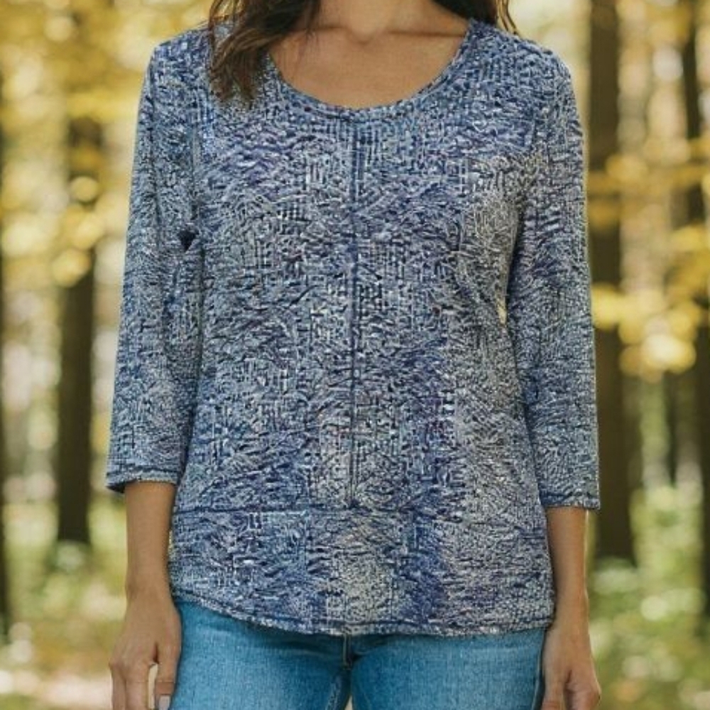 Chico's -Blue Print 3/4 Sleeve, Round Neck  Geometric Pattern Blouse, Size 0